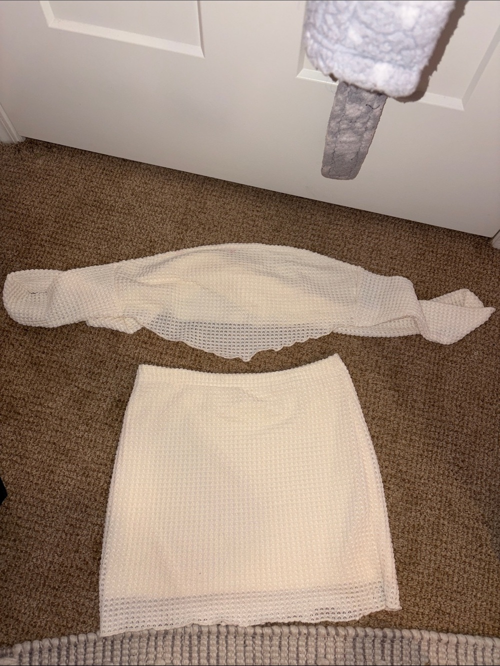 Women’s Cream Waffle Knit Mini Skirt and Tie Top